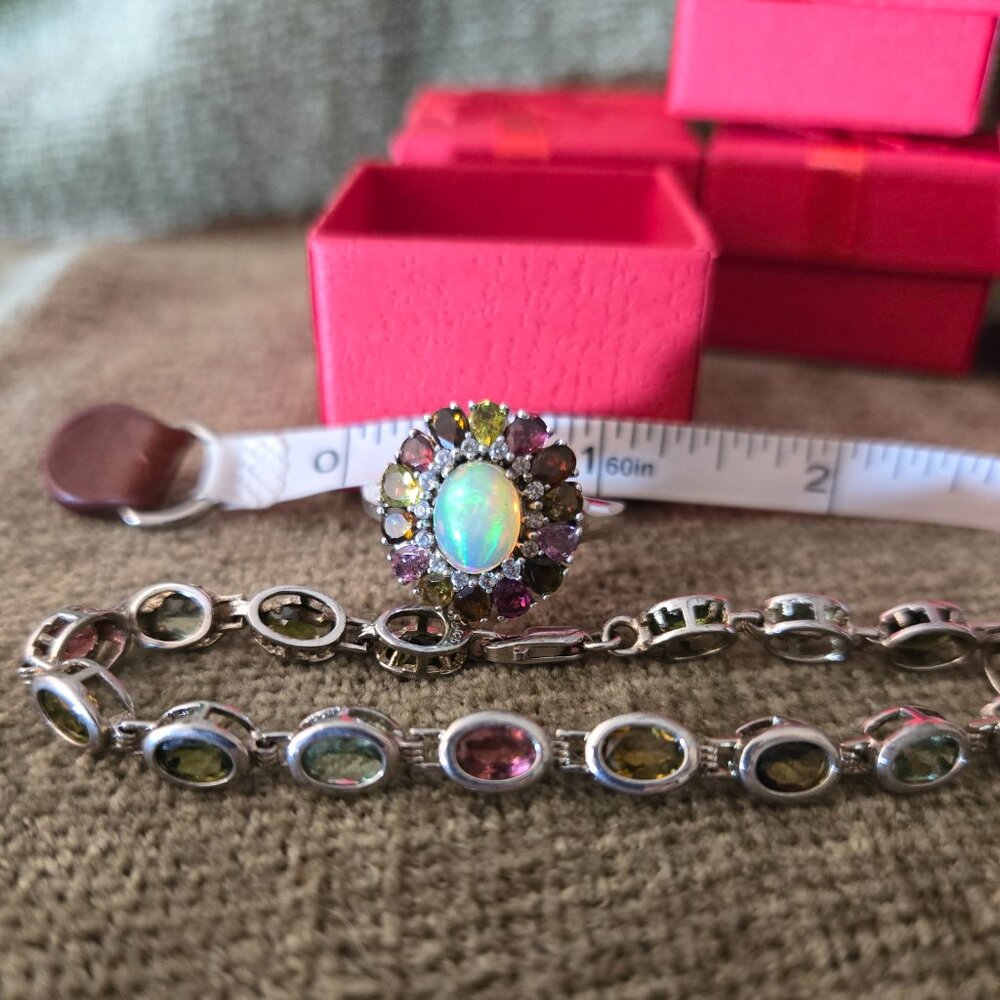 Opal and tourmaline ring/bracelet, 925 silver, size 10 - Picture 3 of 7